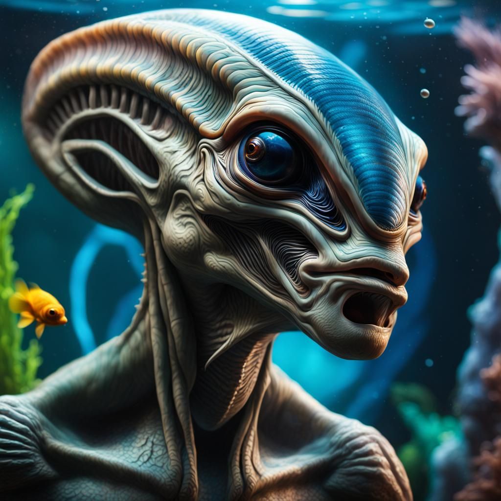 Hyperrealistic Alien Man in Colorful Aquarium