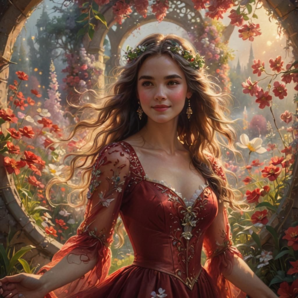 Dreamlike Woman in Red Dress in Ethereal Landscape