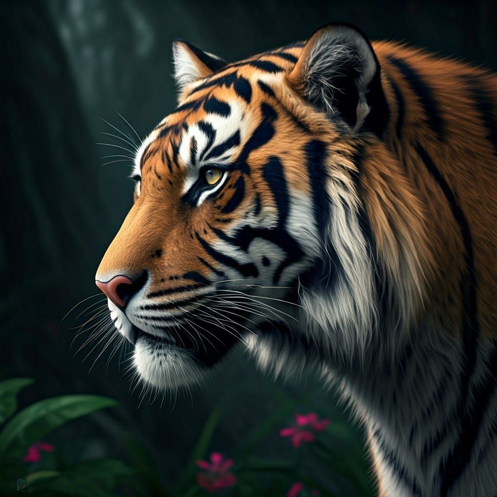 Realistic Tiger in Moonlit Jungle Scene