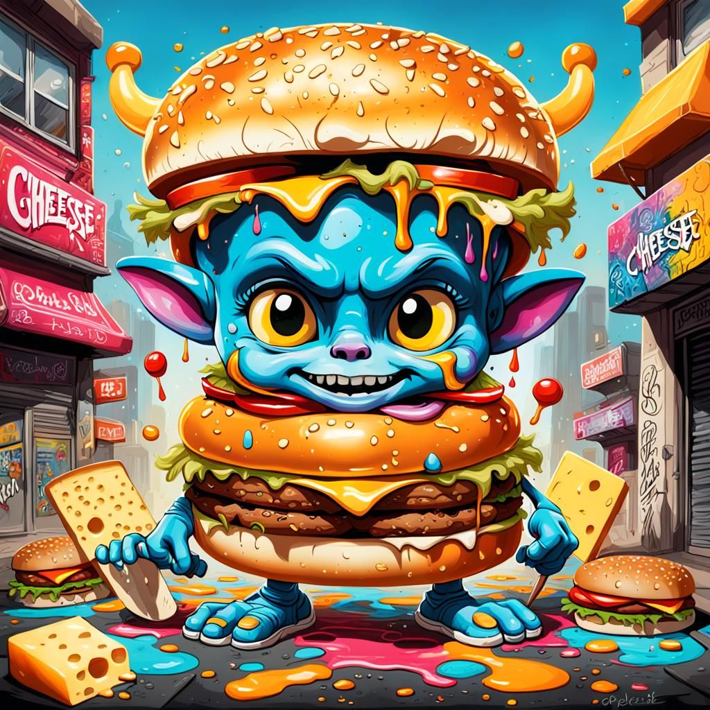 Cheeseburger Princess with Cheese Goblins in Graffiti Art