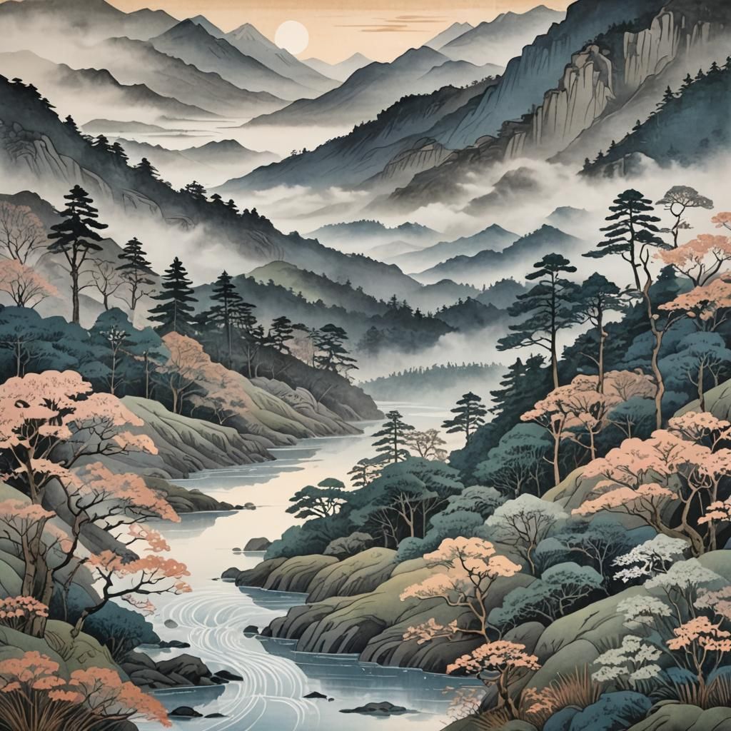 Misty Mountain Dusk: Japanese Art Inspired Landscape