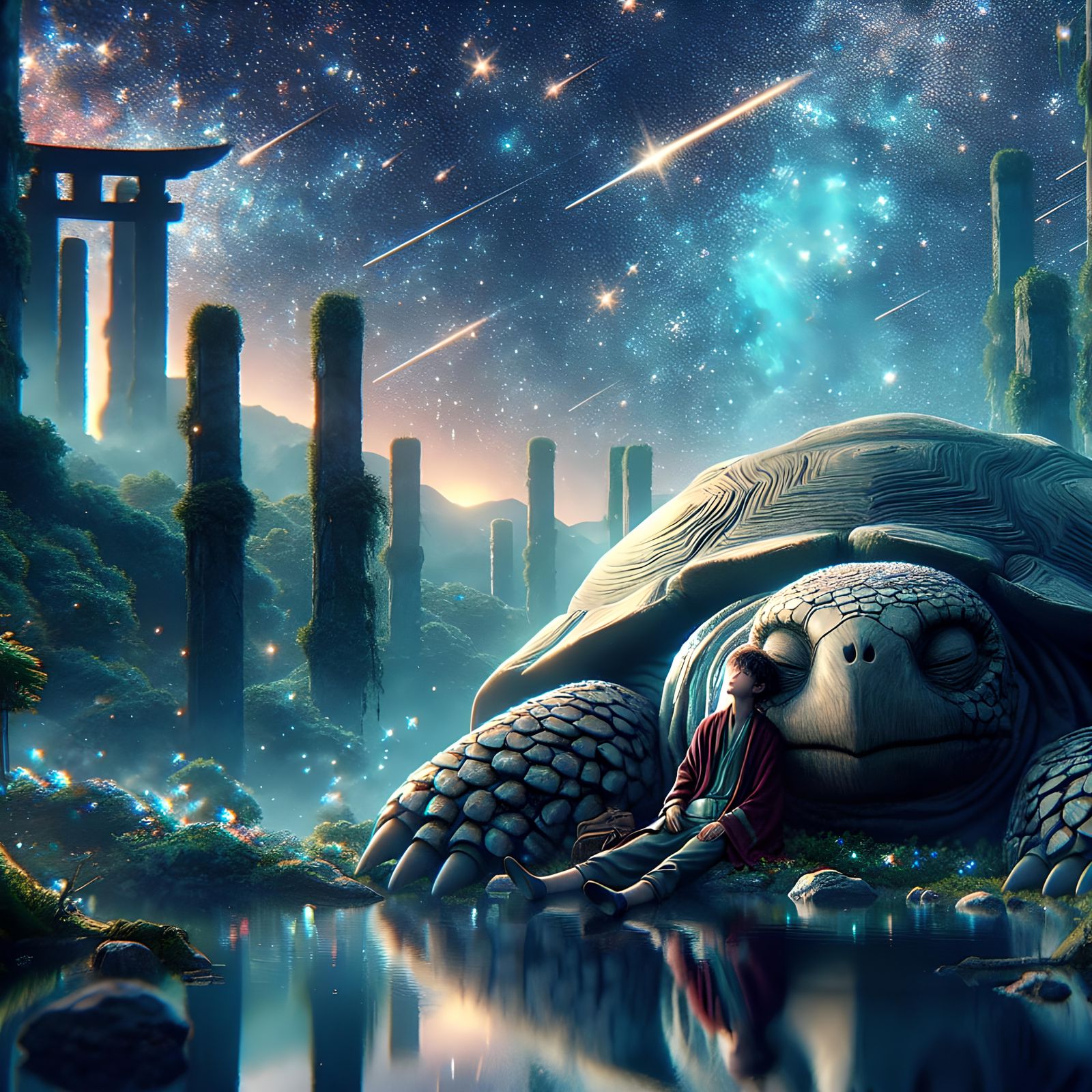 Fantasy Night: Boy and Tortoise in Anime Style