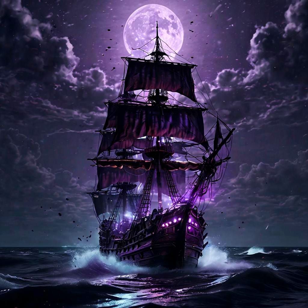 Gothic Purple Pirate Ship on Rough Seas