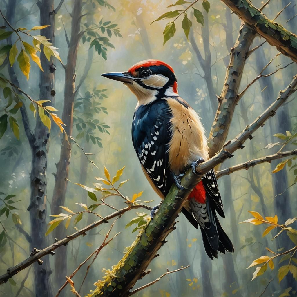 Woodpecker in Impressionistic Oil Painting