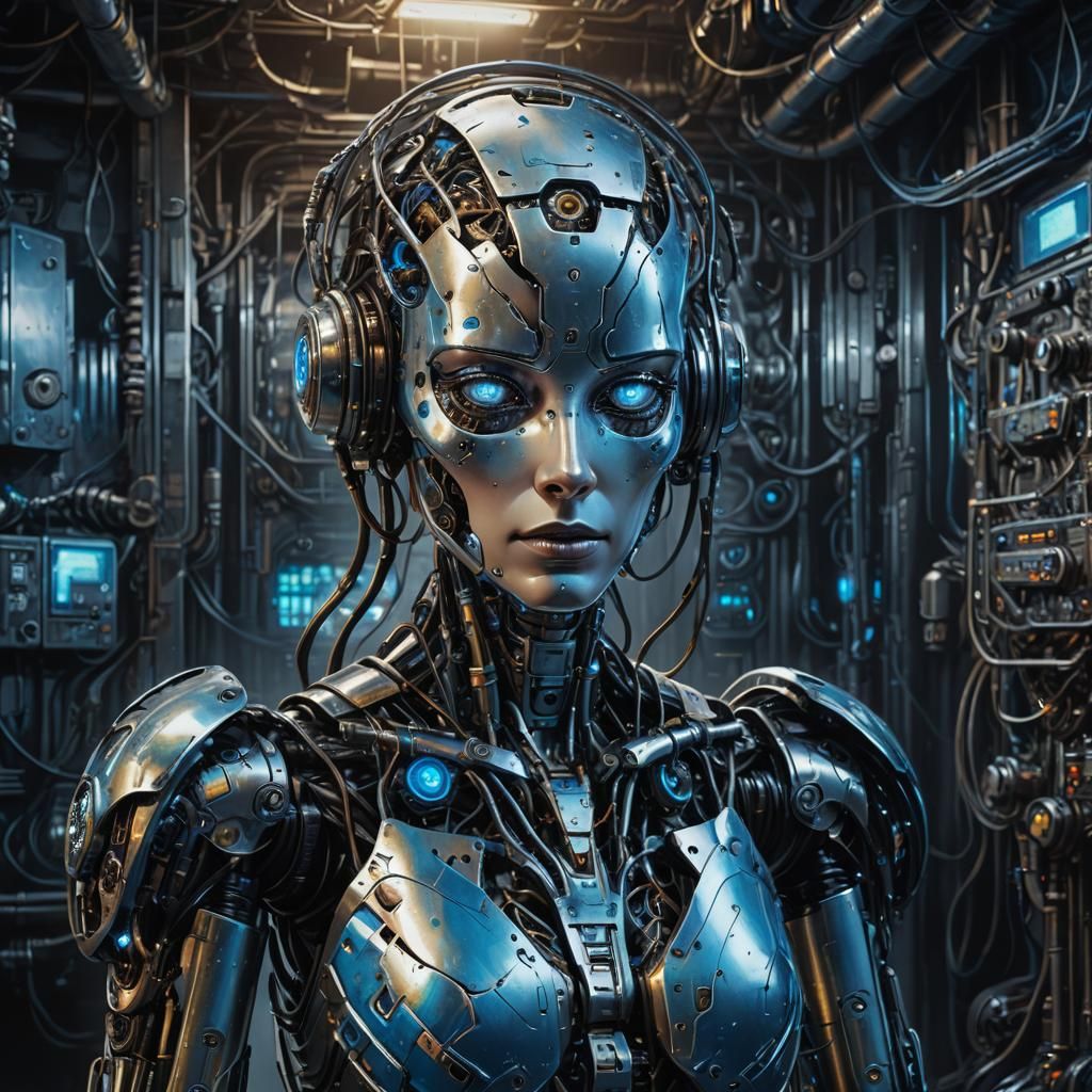 Cybernetic Woman in Metallic Room as Oil Painting