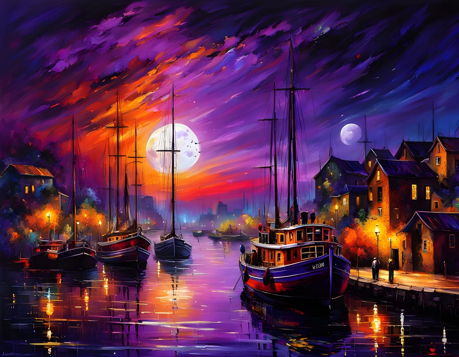 Cosmic Harbor in Vibrant Oil Painting