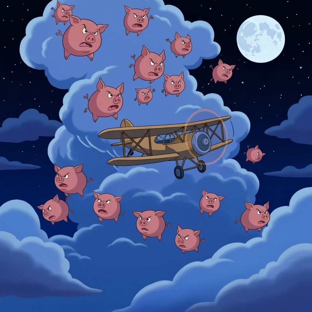 Biplane Navigates Storm of Flying Pigs in Disney Style