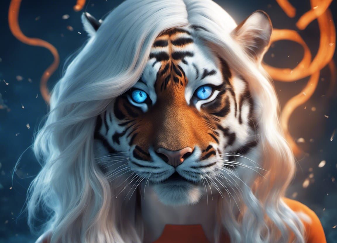 Surreal Woman with Tiger Companion in Orange Light