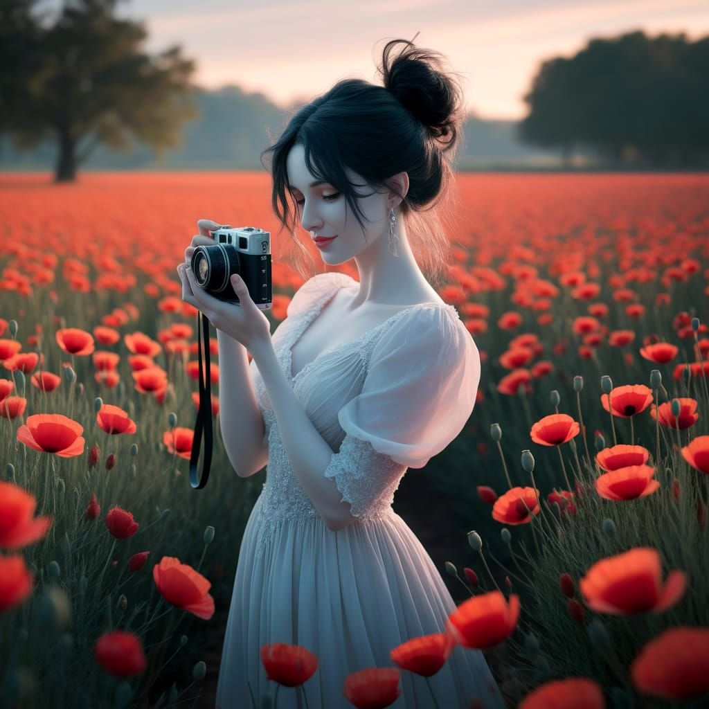 Woman with Camera in Poppy Field, Neo-Impressionist Style