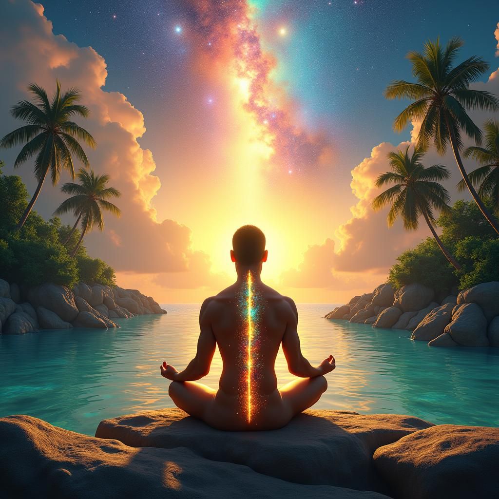 Meditative Man on Island with Galaxy Spine