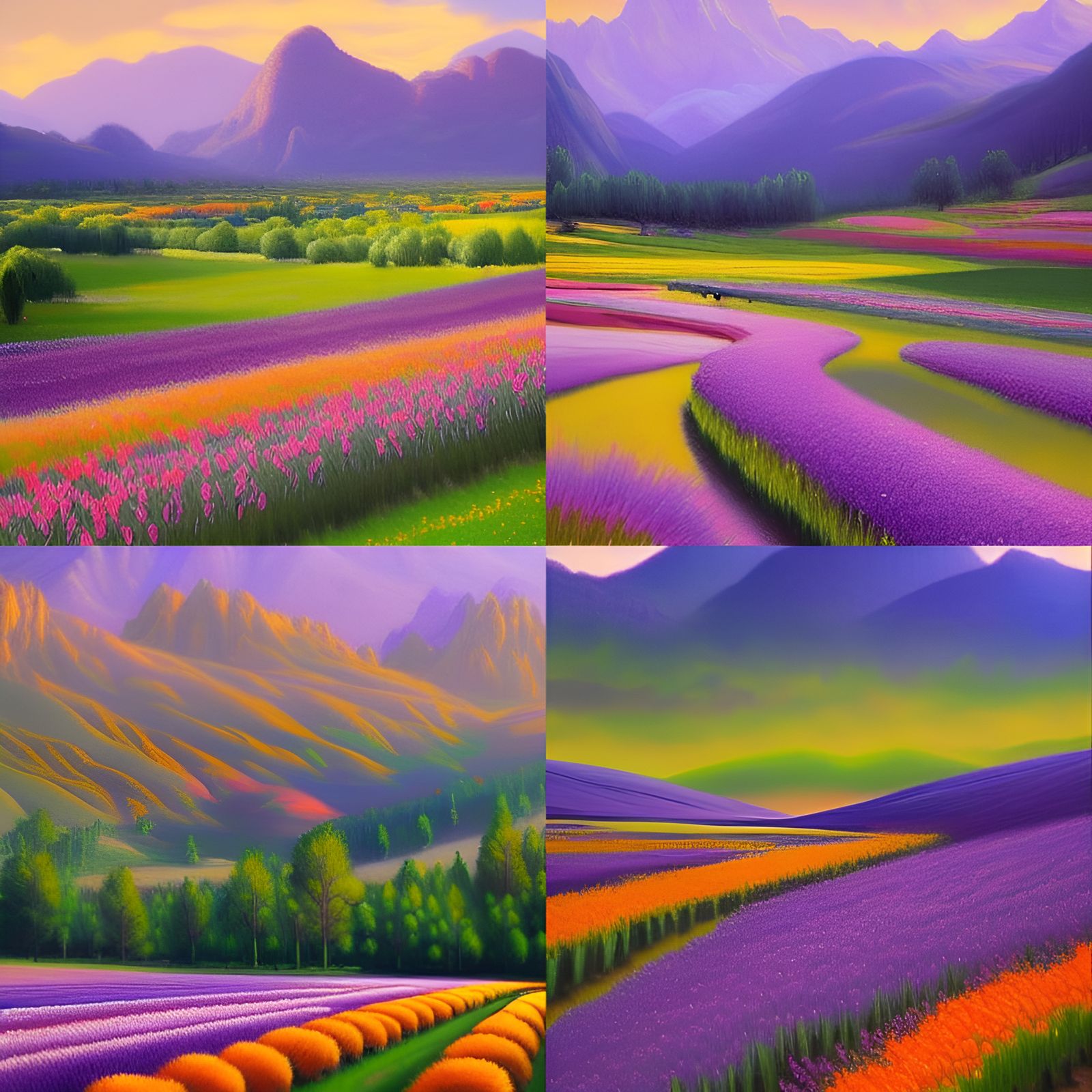 Valley of Tulips with Purple Mountains as Oil Painting