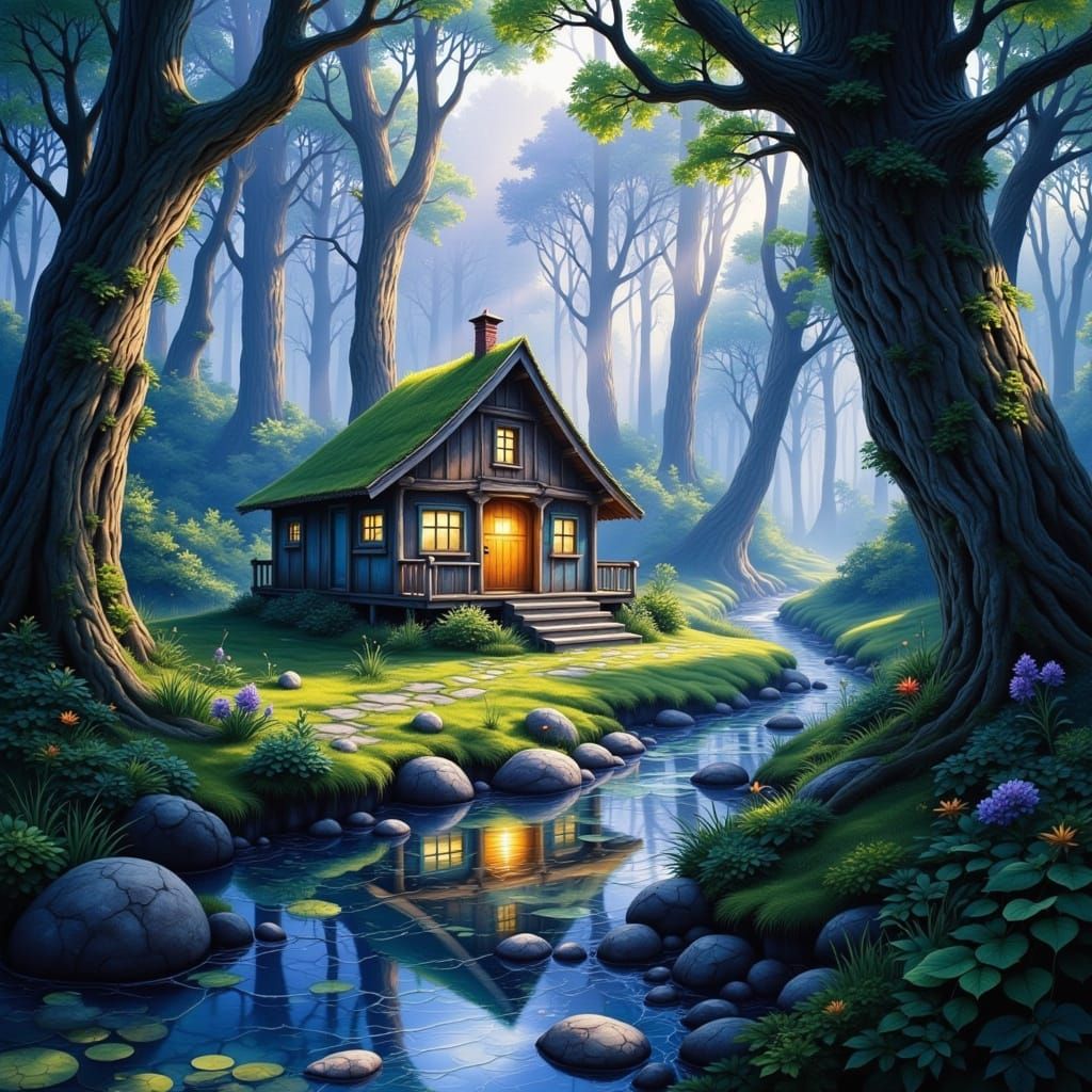 Whimsical Forest Cabin in Dappled Sunlight