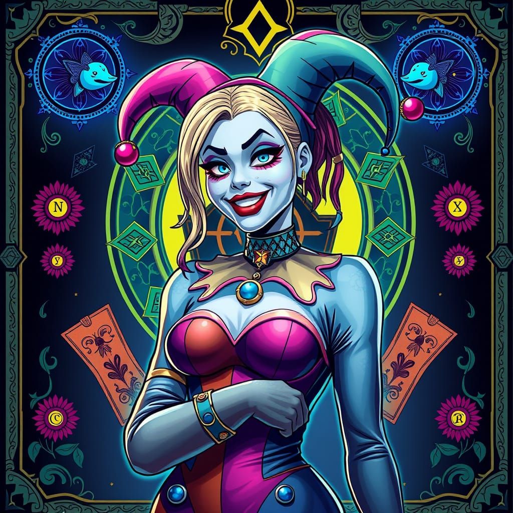 Harley Quinn as Tarot Card in Neon Noir Style