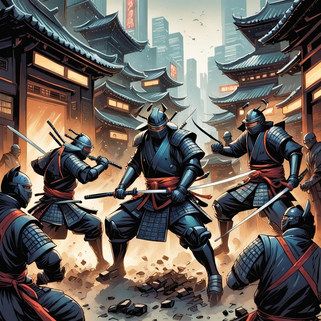 Robot Samurai Fight Ninjas: Comic Book Art