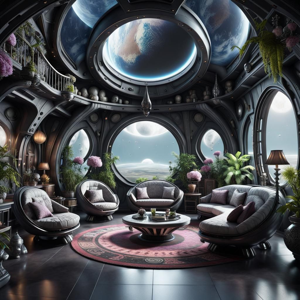gothic spaceship living room on the moon  ..