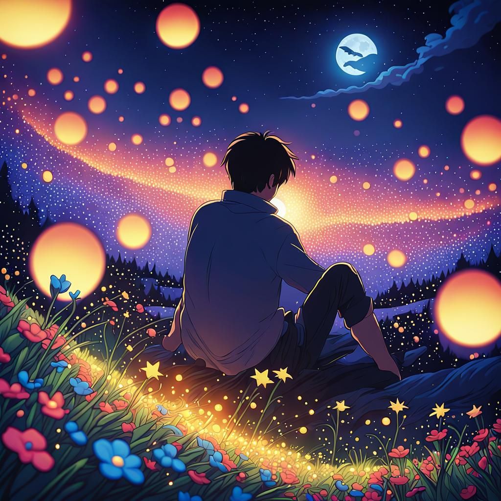 Boy Gazing at Starry Night Sky in Anime Style