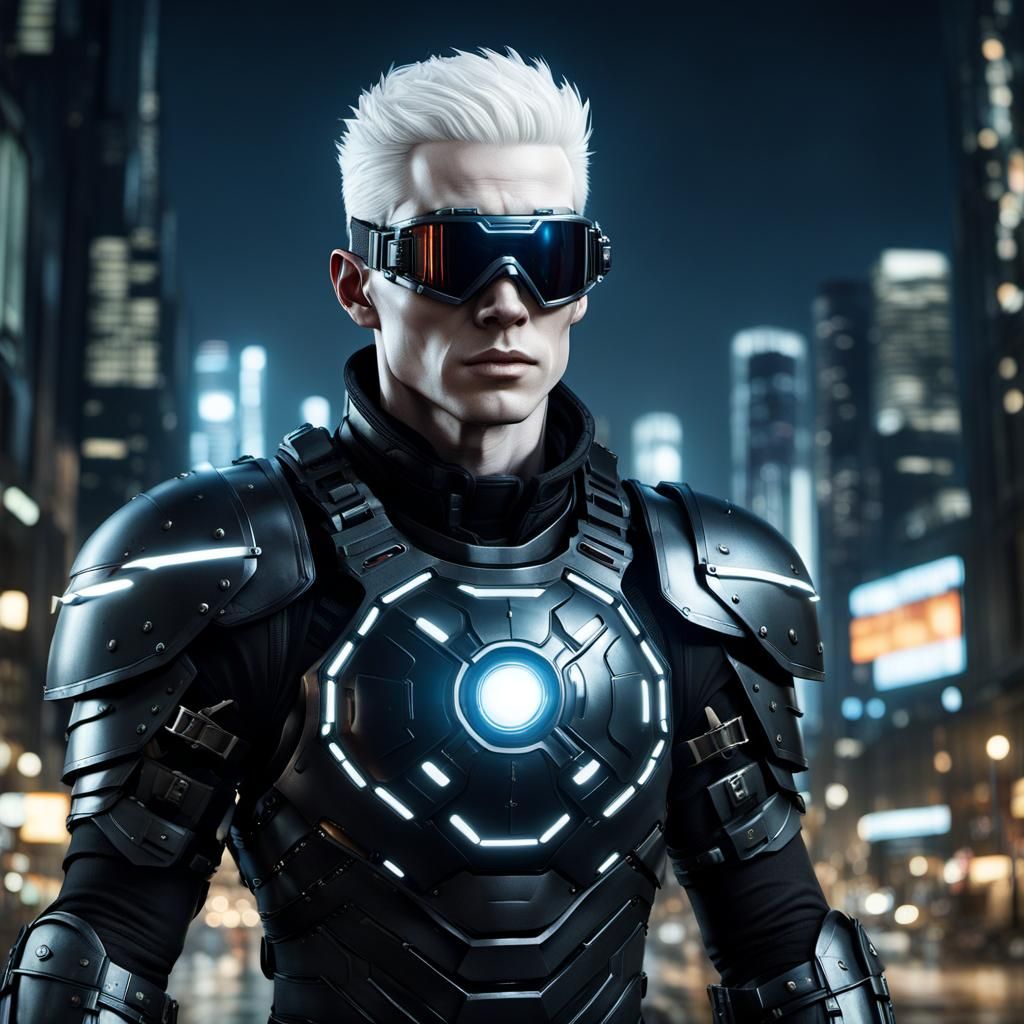 Albino Hero with LED Armor in Cityscape