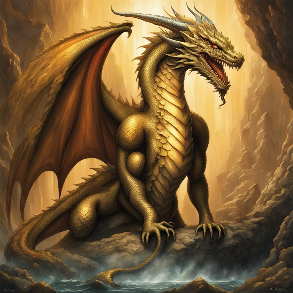 Majestic Golden Dragon in a Mythical Realm