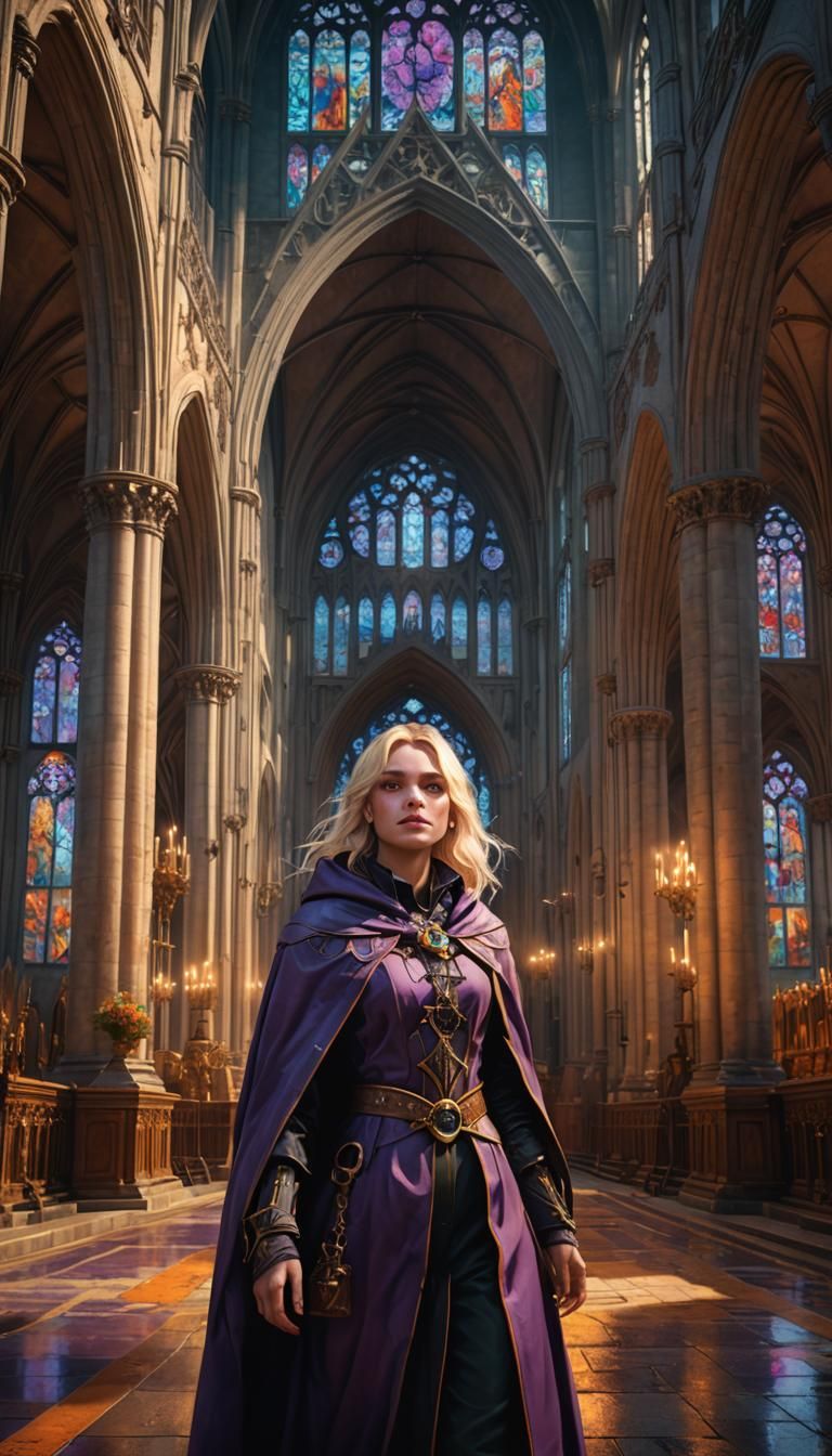 Woman in Purple Cloak in Gothic Cathedral