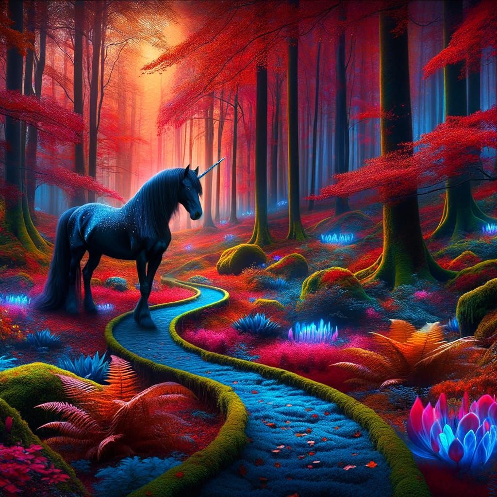 Whimsical Autumn Forest with Glowing Plants and a Majestic B...
