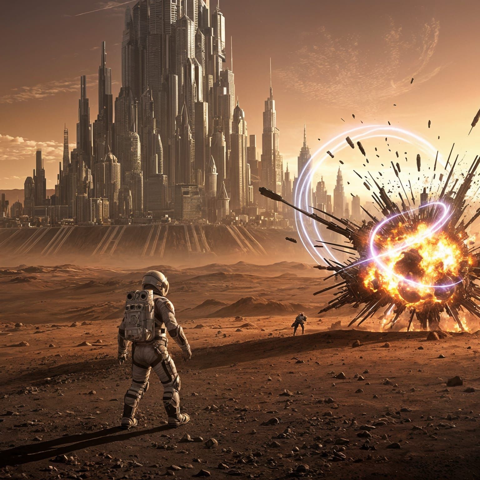 Explosion on Mars with Cityscape