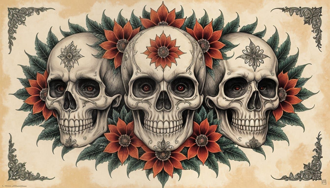 Detailed Skull Flash Tattoo Sheet in Hyperrealistic Style