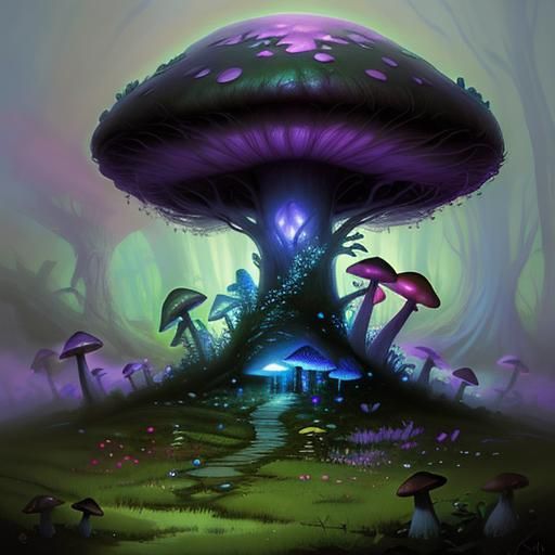 Ethereal Evil Mushroom in Hyperdetailed Fantasy Landscape