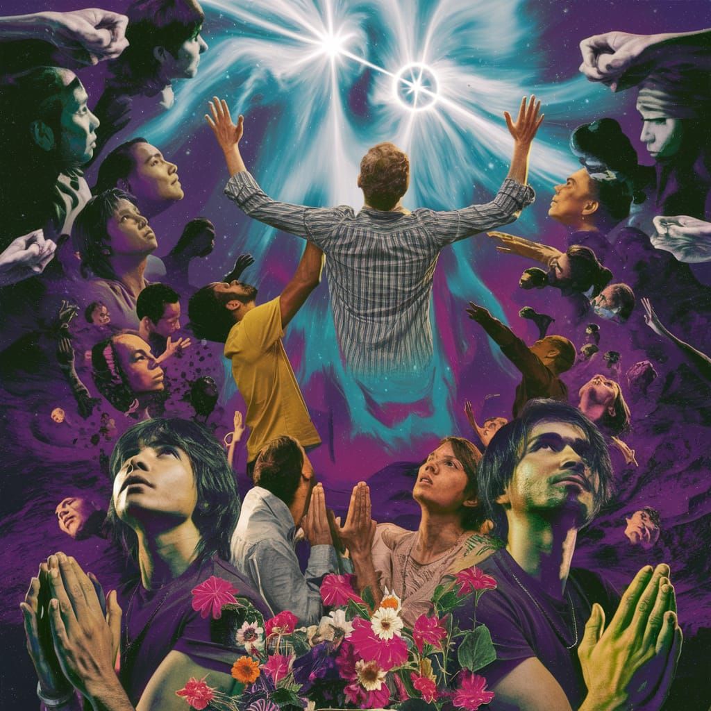 Psychedelic Astral Sky with Praying Figures and Binary Stars