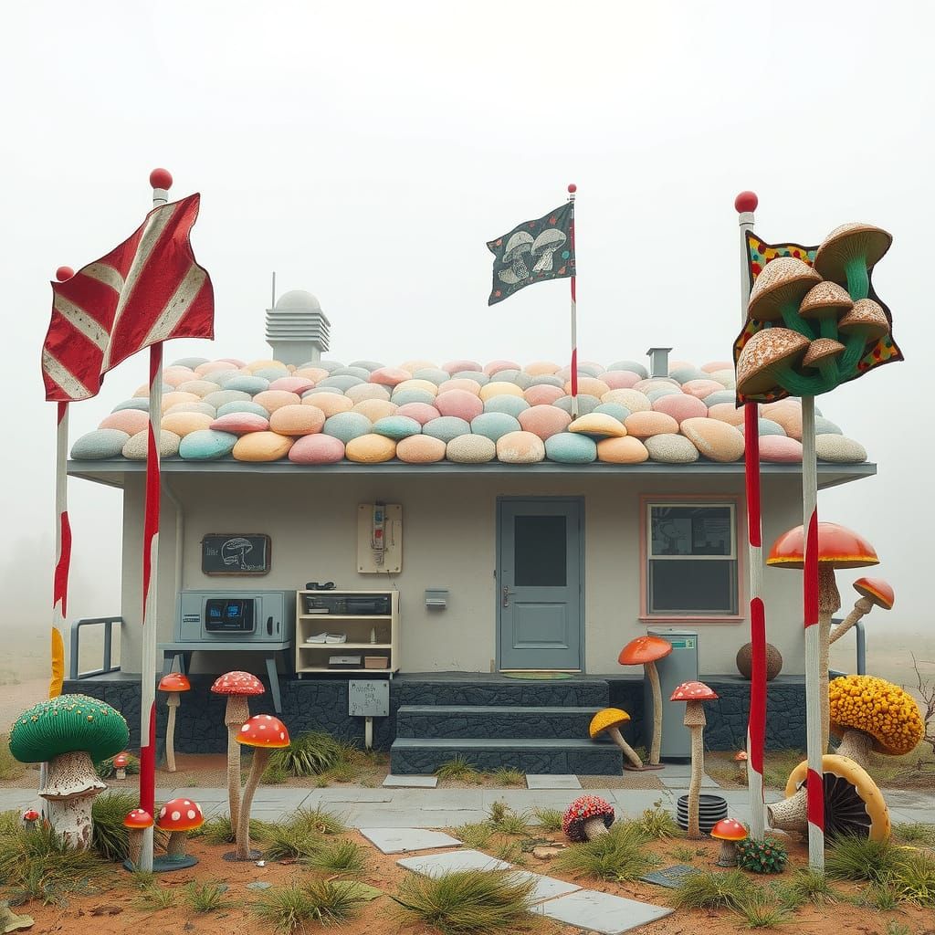 Hyperreal Mushroom Bungalow in Brutalist Style