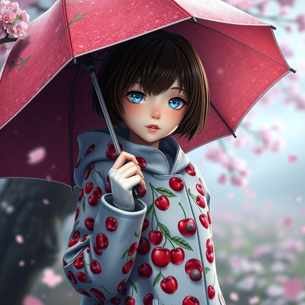Cherry Blossom Girl Walks Through Spring Rain