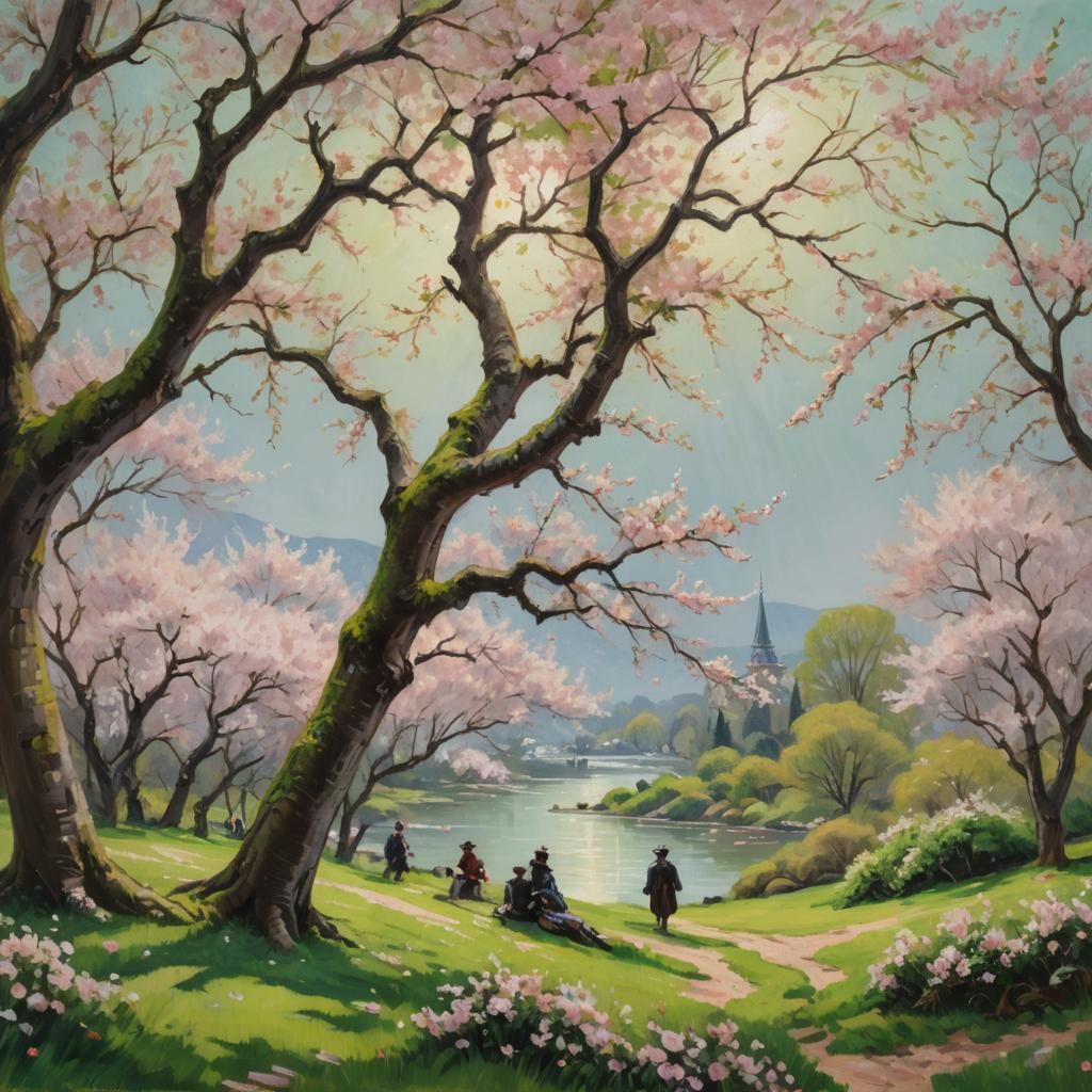 Vampires in Cherry Blossom Impressionist Landscape