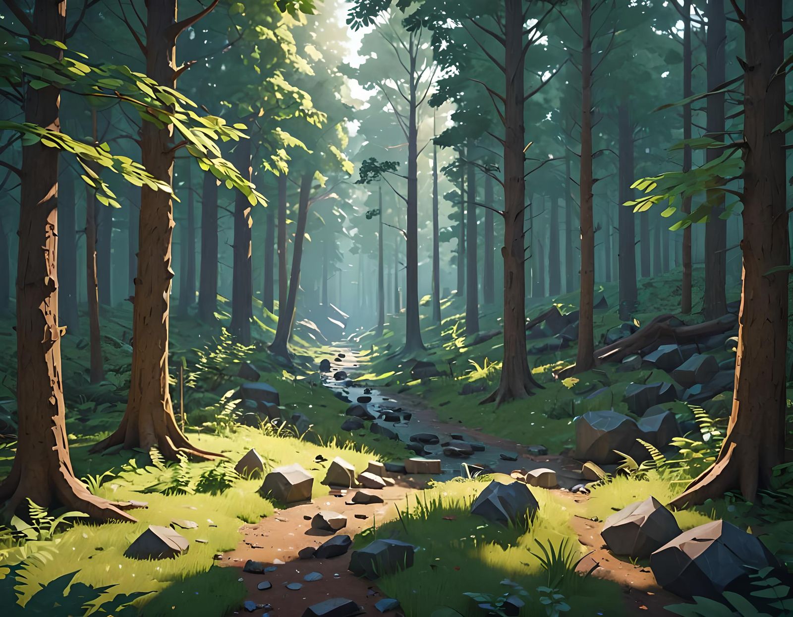 Sunlit Low Poly Forest in Isometric 3D Art