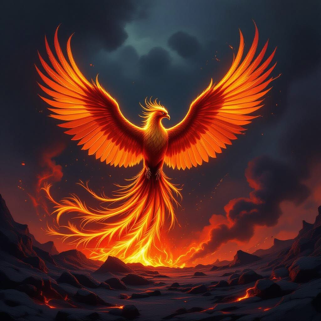 Majestic Phoenix Erupting from Ashes in Volcanic Landscape