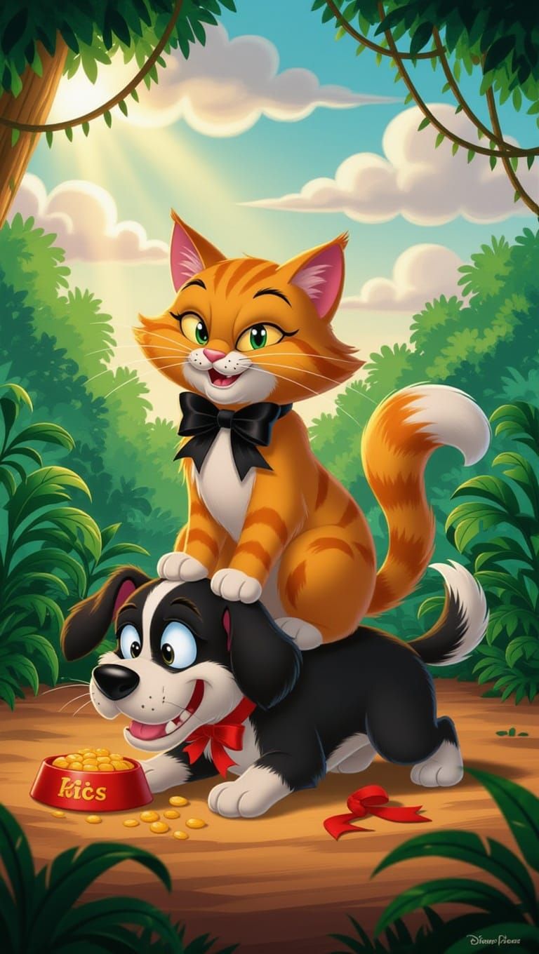 Vibrant Cartoon Jungle Scene with Mischievous Orange Cat