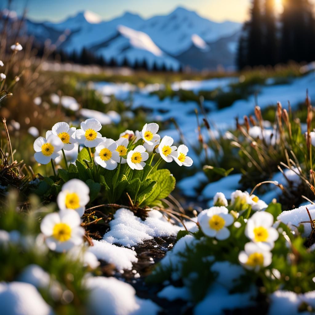 Spring Meadow with Primroses and Distant Mountains