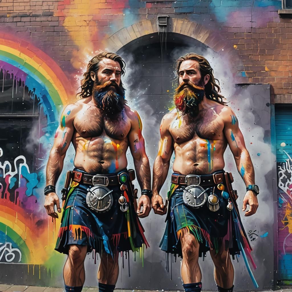 two hairy bearded shirtless men wearing kilts with rainbows, outdoor, natural light, Da Vinci