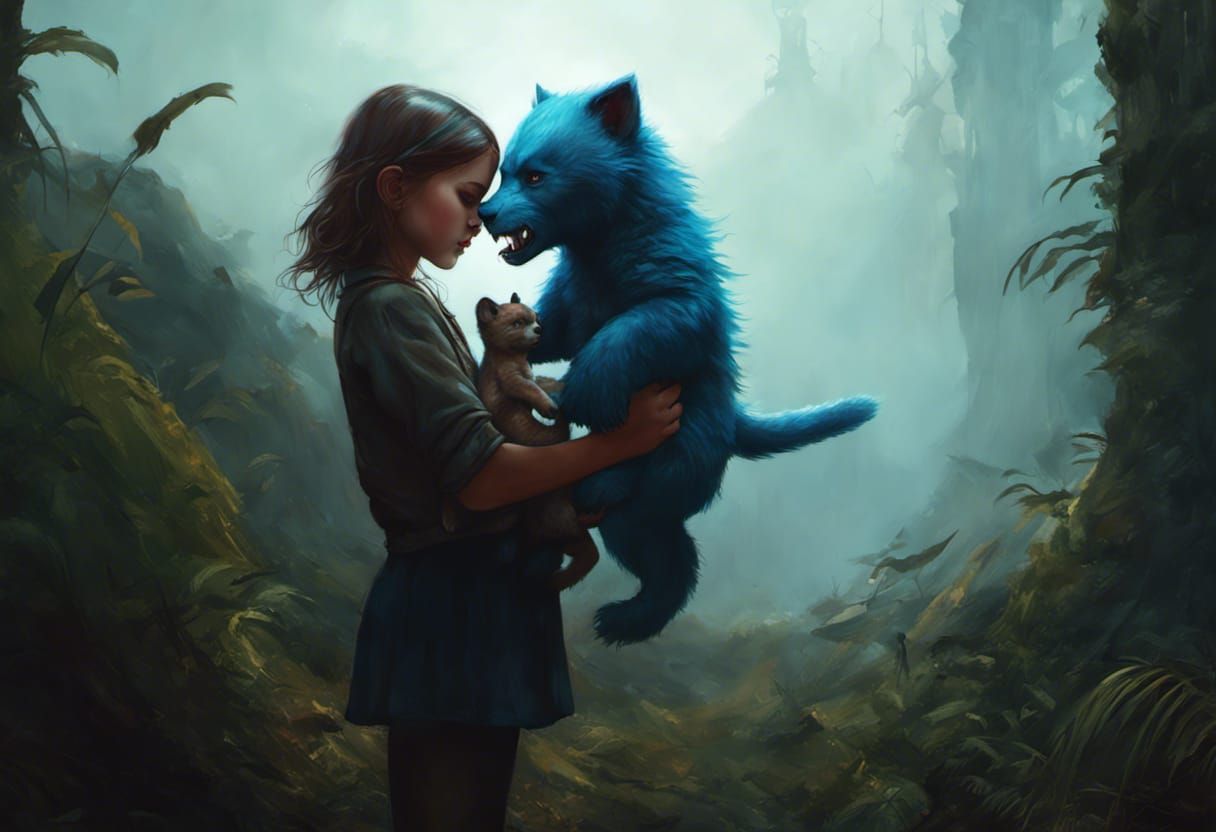 Girl with Monster Cub: Hyperrealistic Digital Art