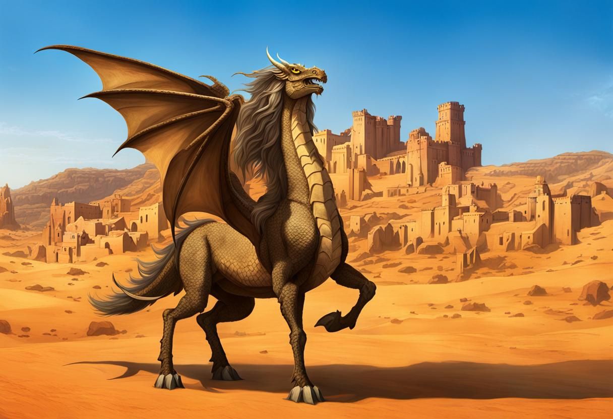 Dragon-Centaur Hybrid Presents Desert Town: Digital Art