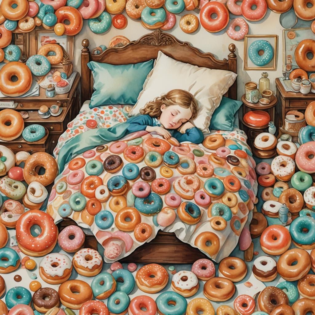 Dreamy Girl Sleeping Under Donut Blanket Watercolor