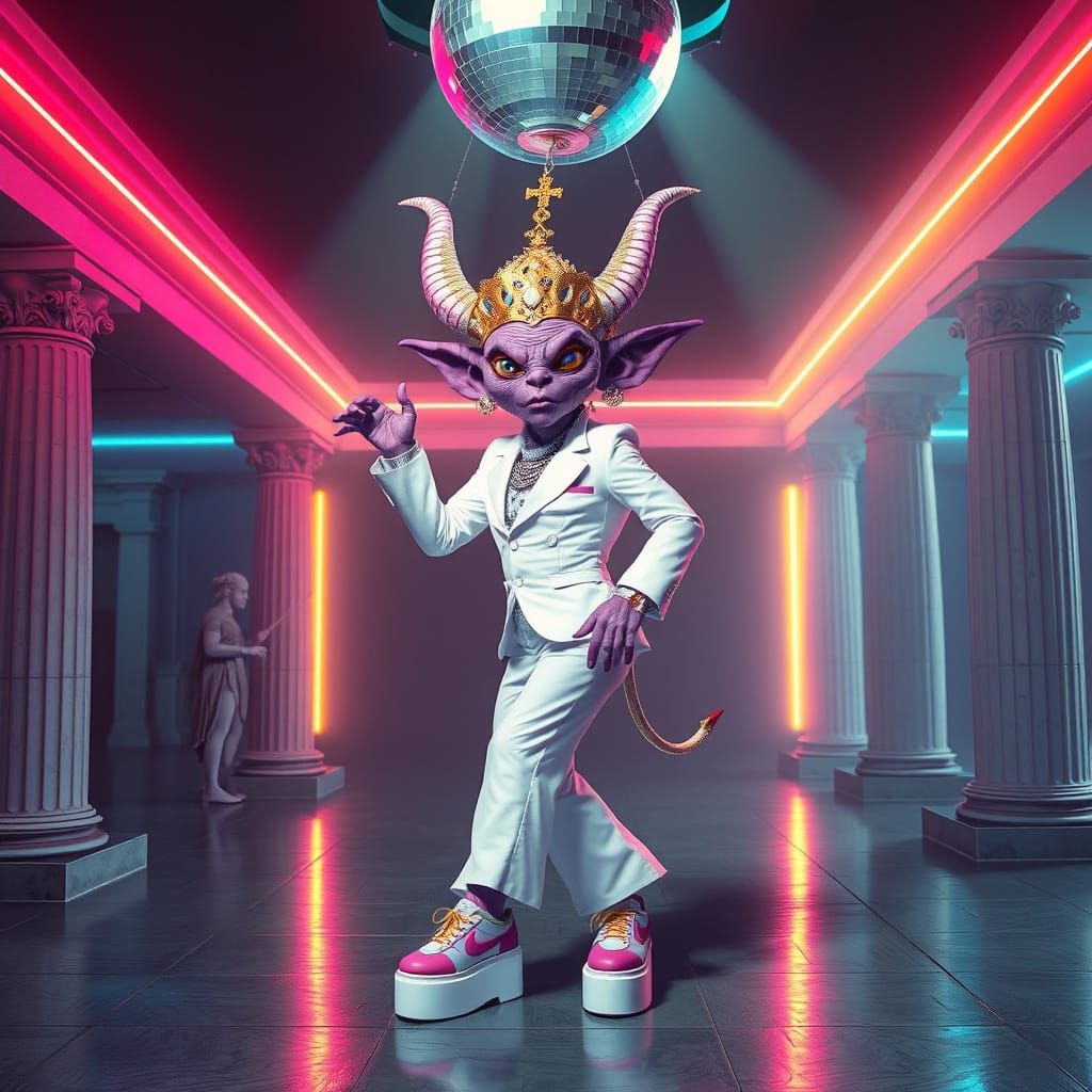 Glowing Purple Goblin King in Ancient Greece Disco Style