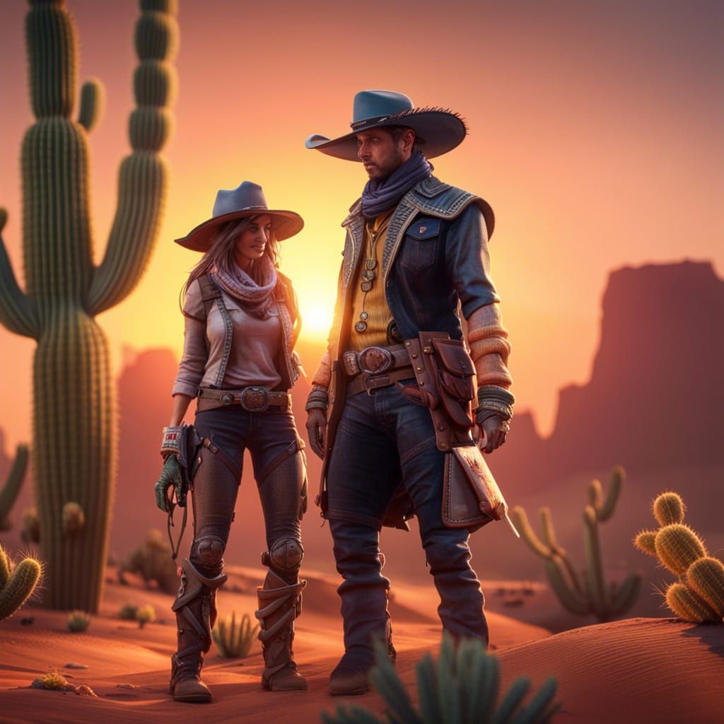 Cowboys and Cowgirls Fight Aliens in Desert Sunset