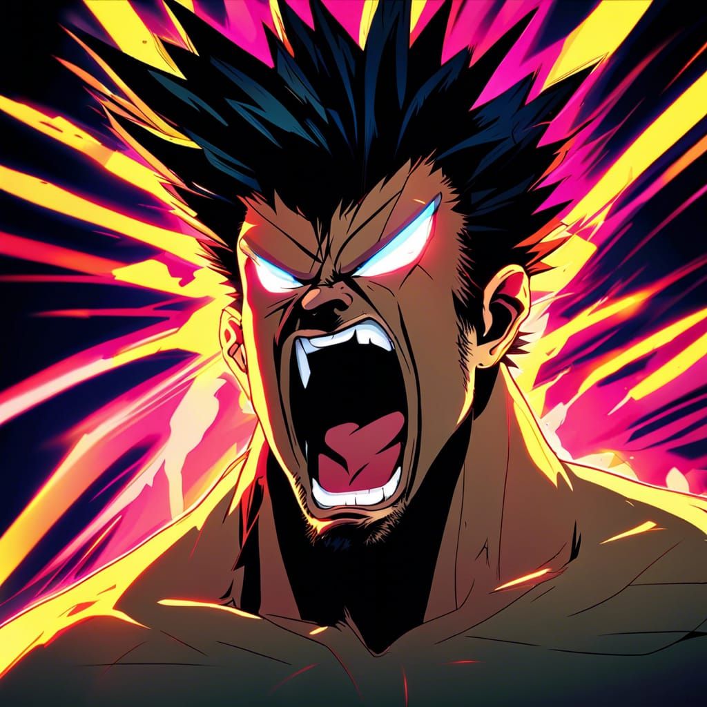 Screaming Man with Spiked Hair in Anime Style
