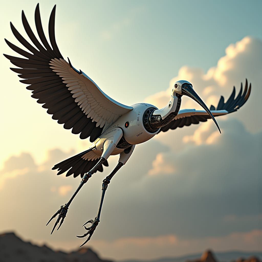 Futuristic giant stork in the look of a passenger plane in t...