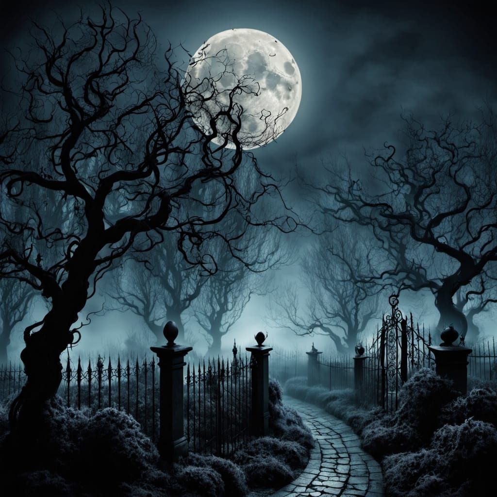 A creepy garden with wrought iron fencing and dark tangled t...