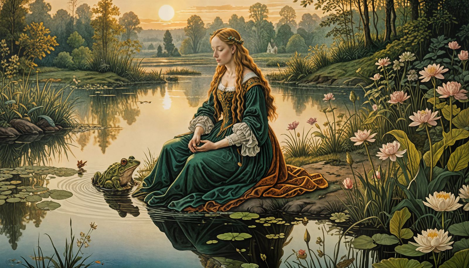 Princess and Frog in Durer-esque Woodcut Watercolor