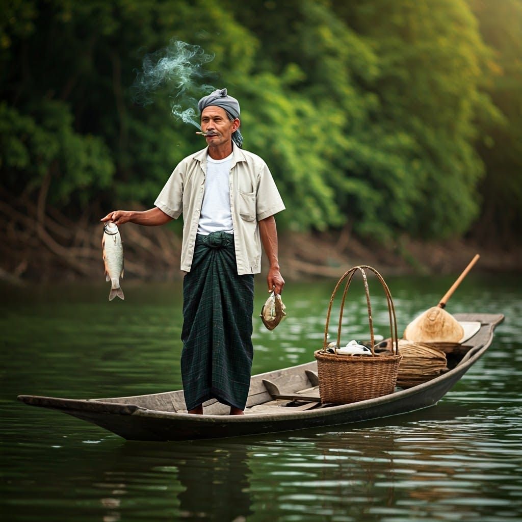Myanmar Fisherman in Traditional Attire, Tranquil River Scen...