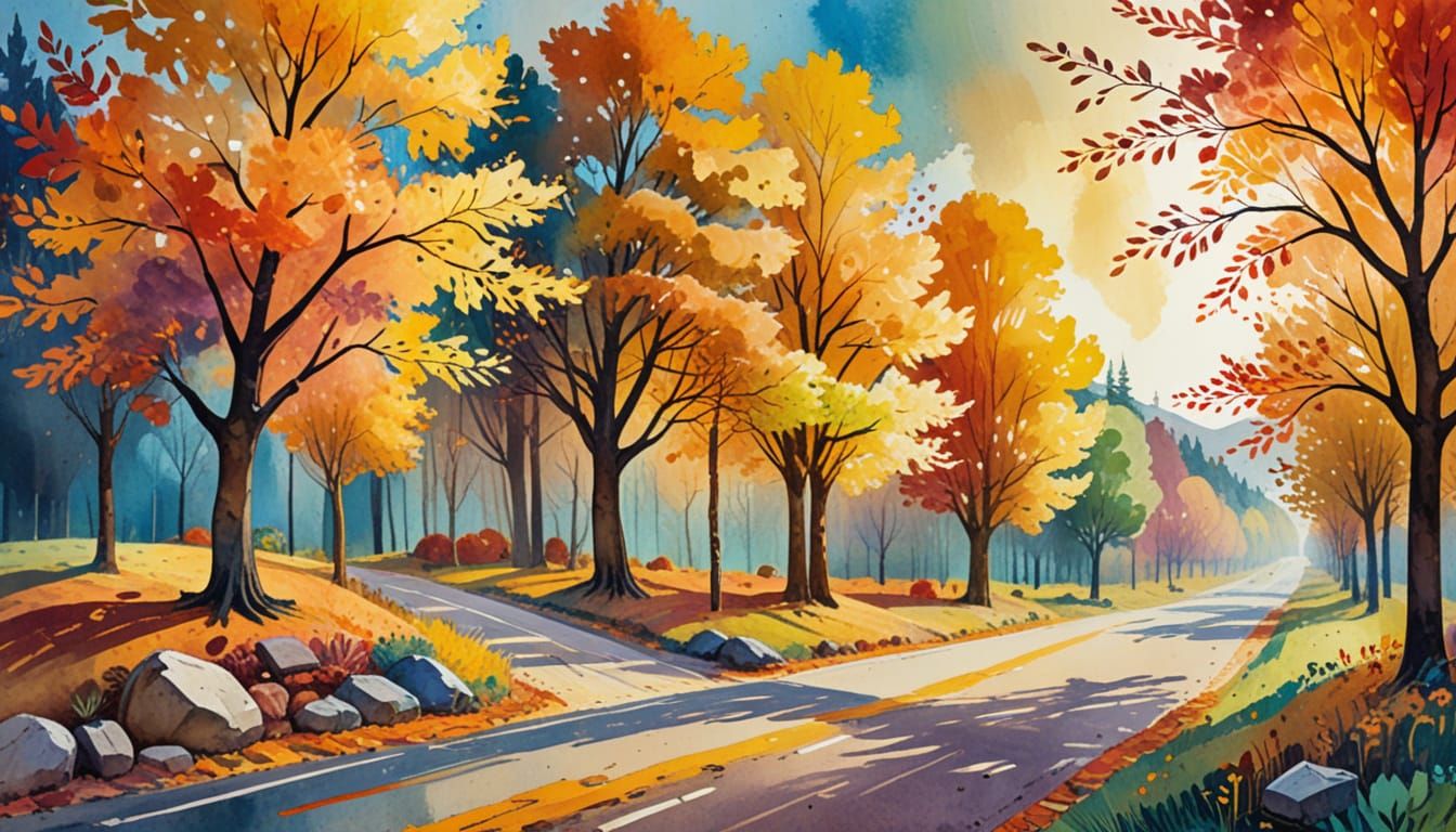 Autumn Road Collage in Fauvist Style