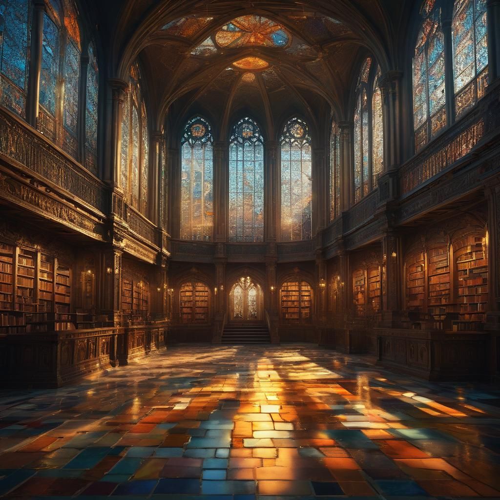 Ornate Library in Deserted Town: Surreal Digital Art
