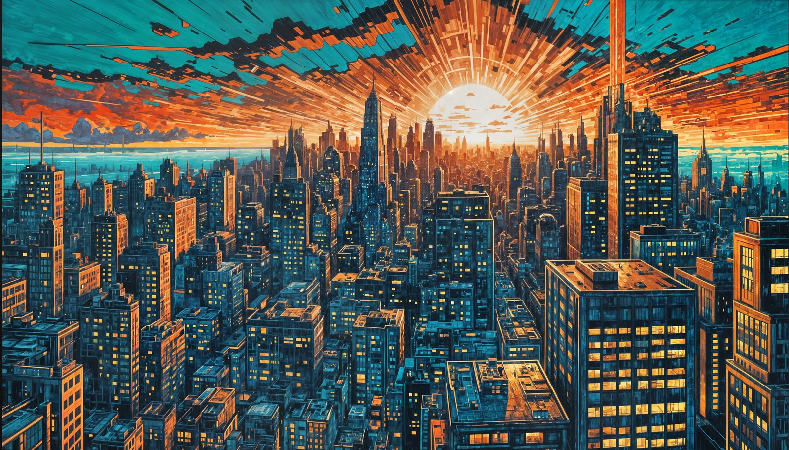 Glitch City Oil Painting in Abstract Comic Style