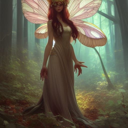 Mushroom Fairy Portrait in Dark Forest